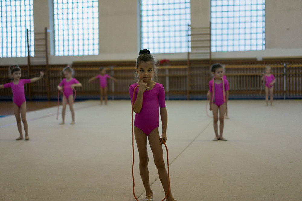 CHELYABINSK, RUSSIA- FEBRUARY 2015. Young gymnast during training session