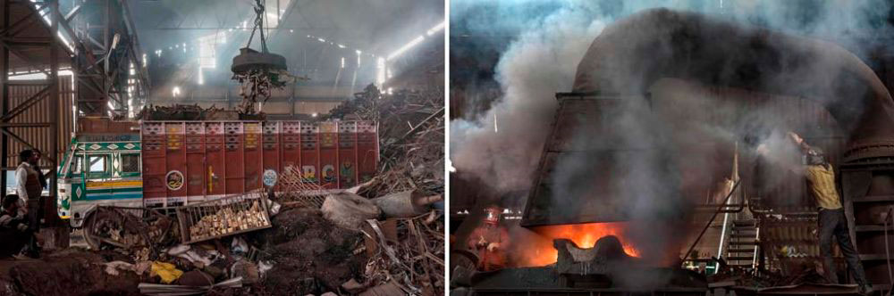 Image on Left – Baddi Industrial Area, India: Trucks of iron waste collected from across the country including the Mayapuri Scrap Market in Delhi is picked by magnets at a furnace in Baddi Industrial Area, Himachal Pradesh. 6th February, 2016. Image on Right - Baddi Industrial Area, India: Metal waste burns at temperatures of approximately 1640 degrees celcius at a furnace in Baddi. 6th February, 2016.