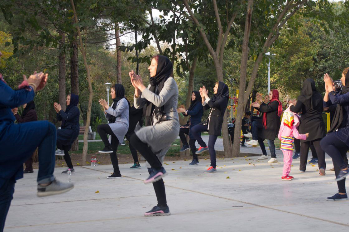 Tehran, Iran - November 2016. Women are doing exercises in the park.