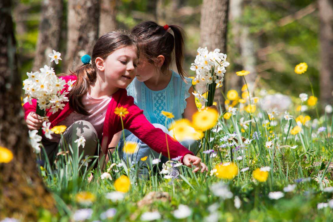 Castelvetere sul Calore (AV), Italy - April 2018 - Little girls pick flowers with which to decorate St. Mary\'s throne
